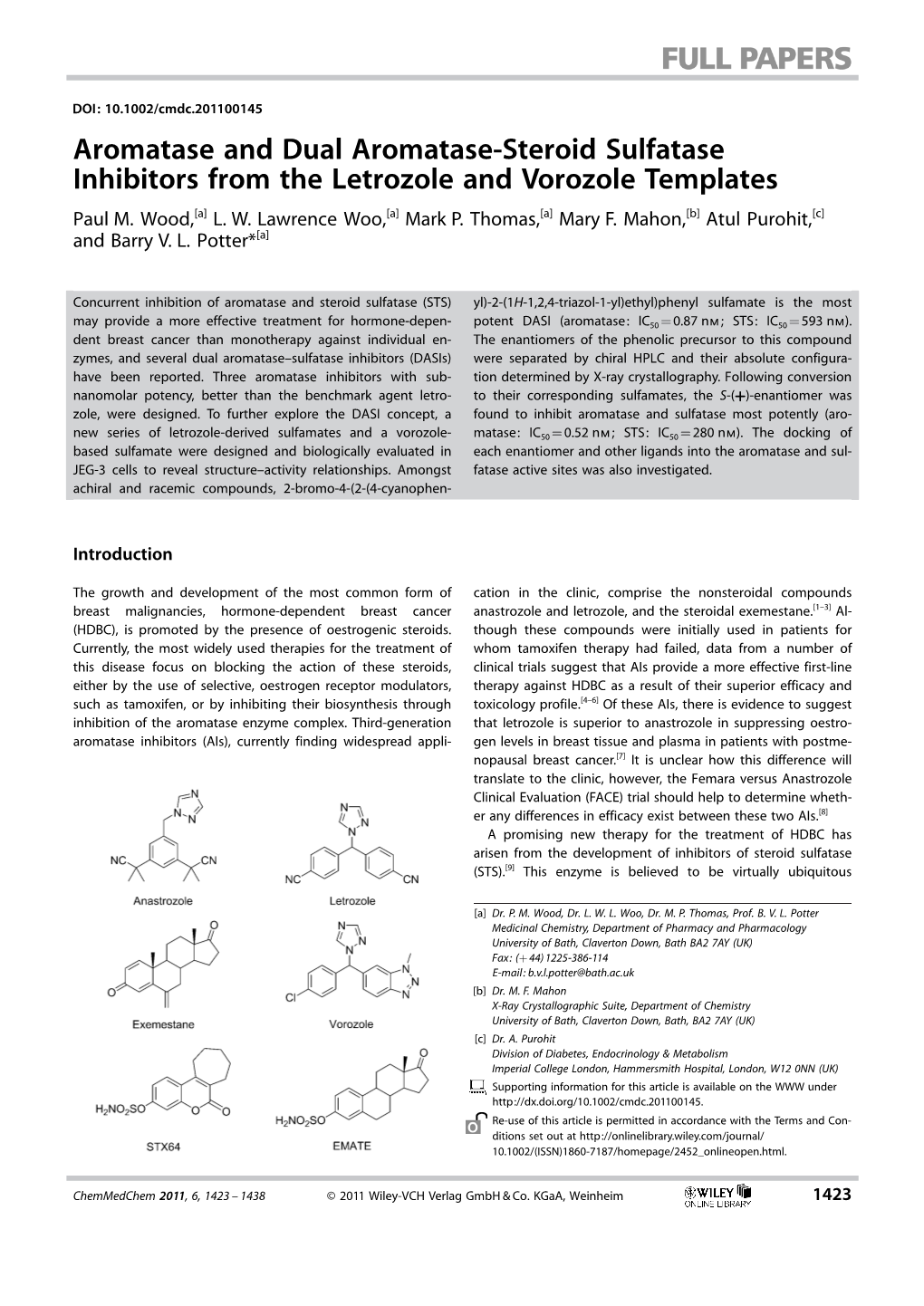 Dual Aromatase–Sulfatase Inhibitors (Dasis) Were Separated by Chiral HPLC and Their Absolute Configura- Have Been Reported