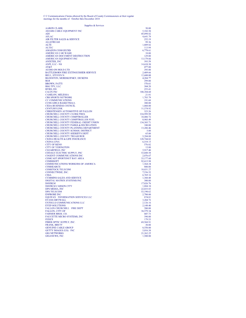 C C Communications Claims Allowed by the Board of County Commissioners at Their Regular Meetings for the Months of October Thru December 2018