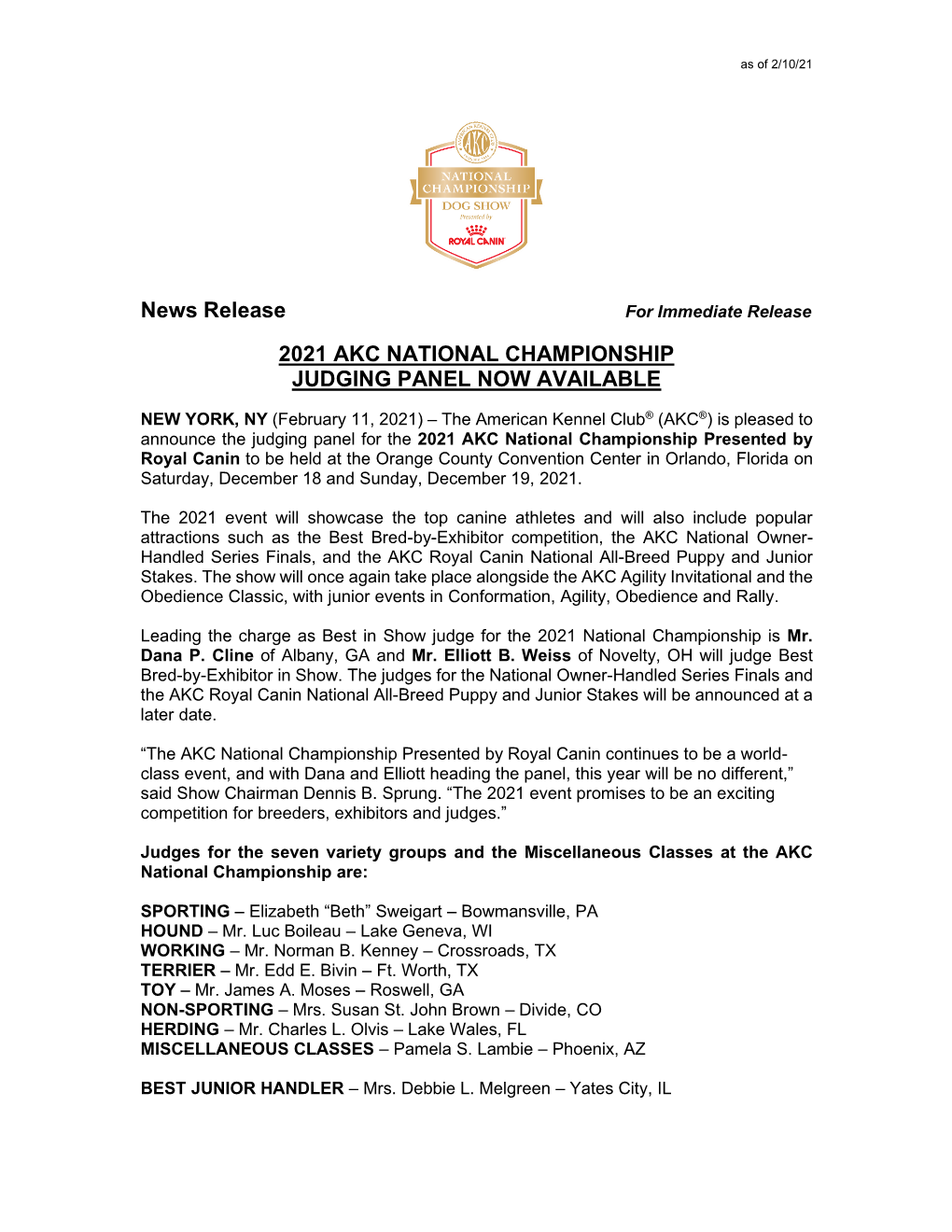 News Release 2021 AKC NATIONAL CHAMPIONSHIP JUDGING PANEL