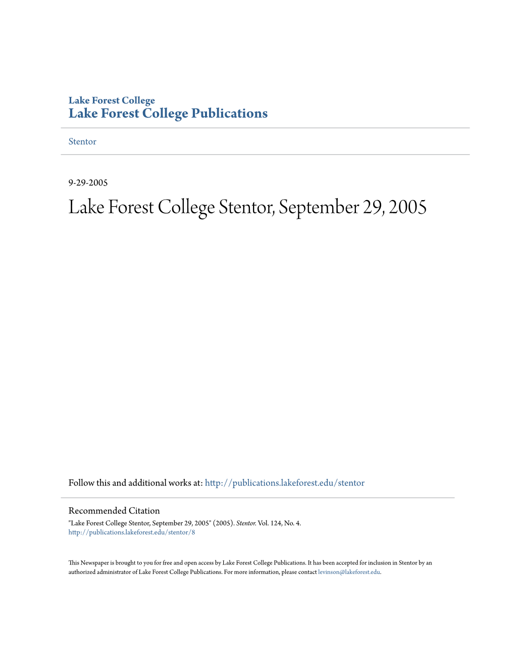 Lake Forest College Stentor, September 29, 2005