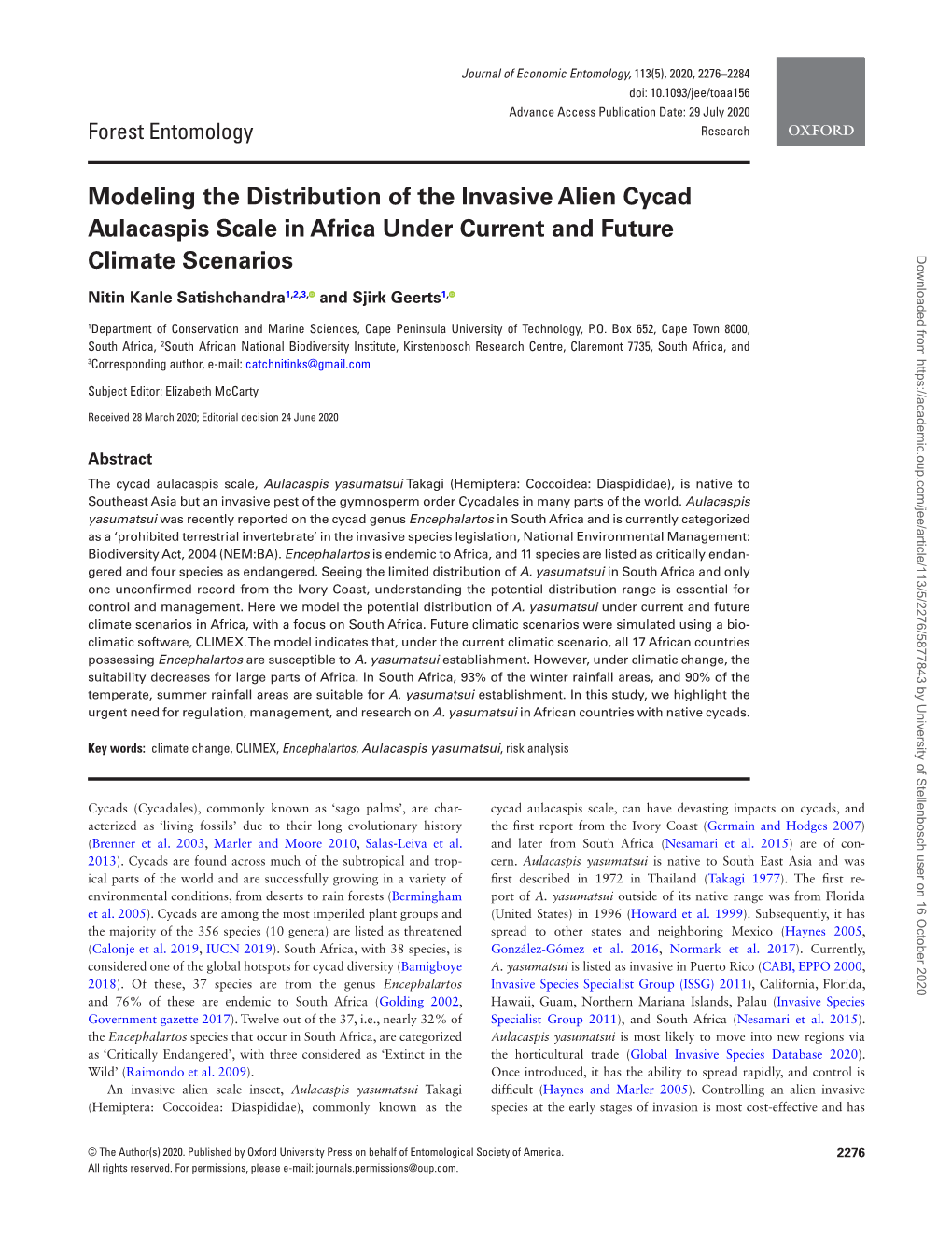 Modeling the Distribution of the Invasive Alien Cycad Aulacaspis