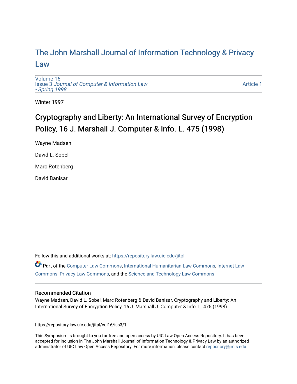 An International Survey of Encryption Policy, 16 J. Marshall J. Computer & Info