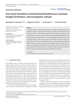 Core Fecal Microbiota of Domesticated Herbivorous Ruminant, Hindgut Fermenters, and Monogastric Animals