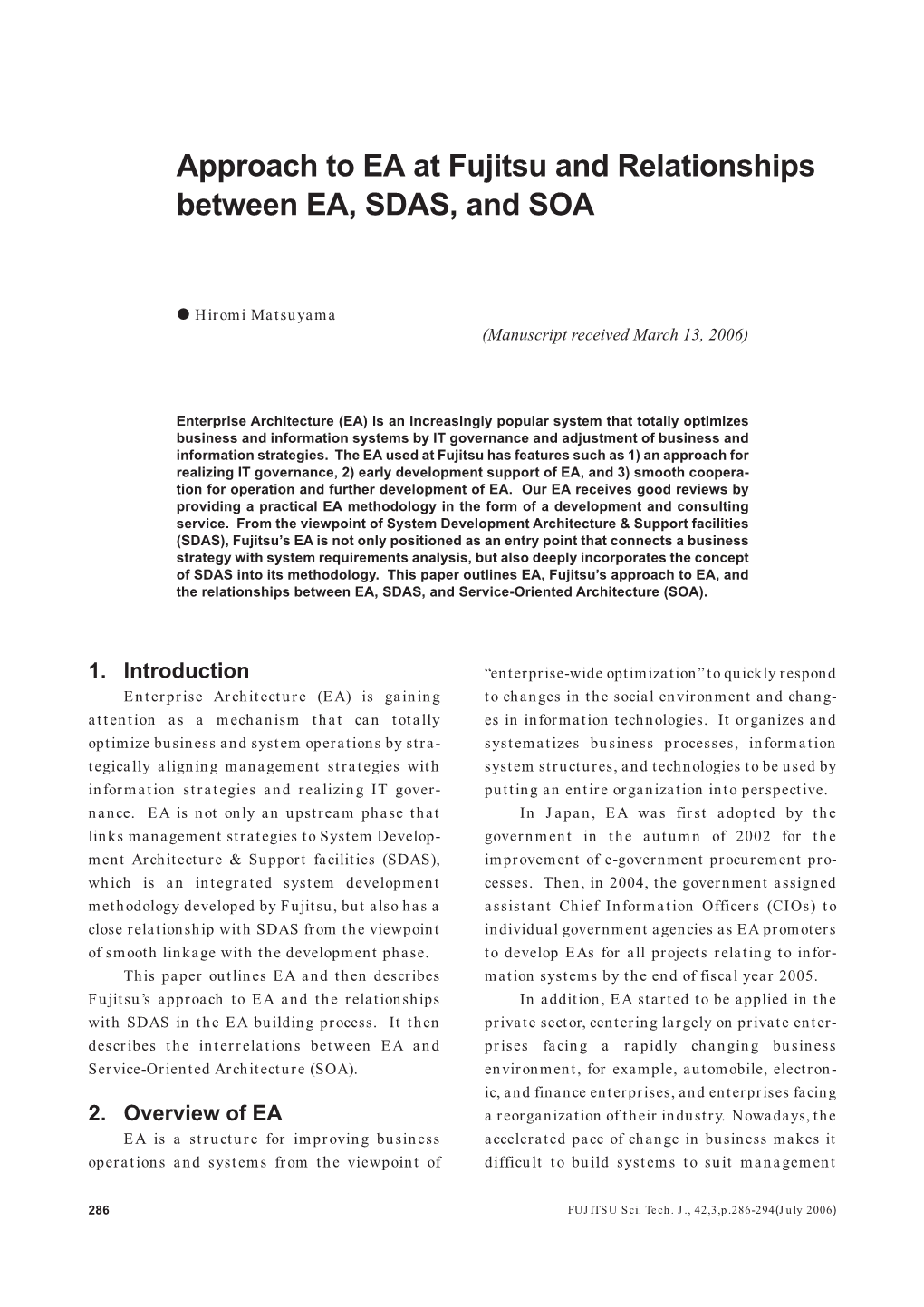 Approach to EA at Fujitsu and Relationships Between EA, SDAS, and SOA