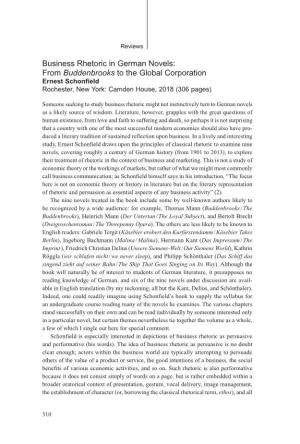 Business Rhetoric in German Novels: from Buddenbrooks to the Global Corporation Ernest Schonfield Rochester, New York: Camden House, 2018 (306 Pages)
