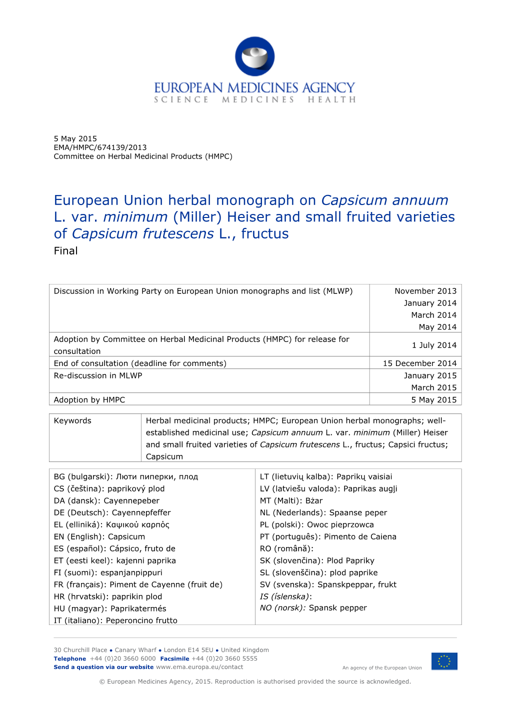 European Union Herbal Monograph on Capsicum Annuum L. Var