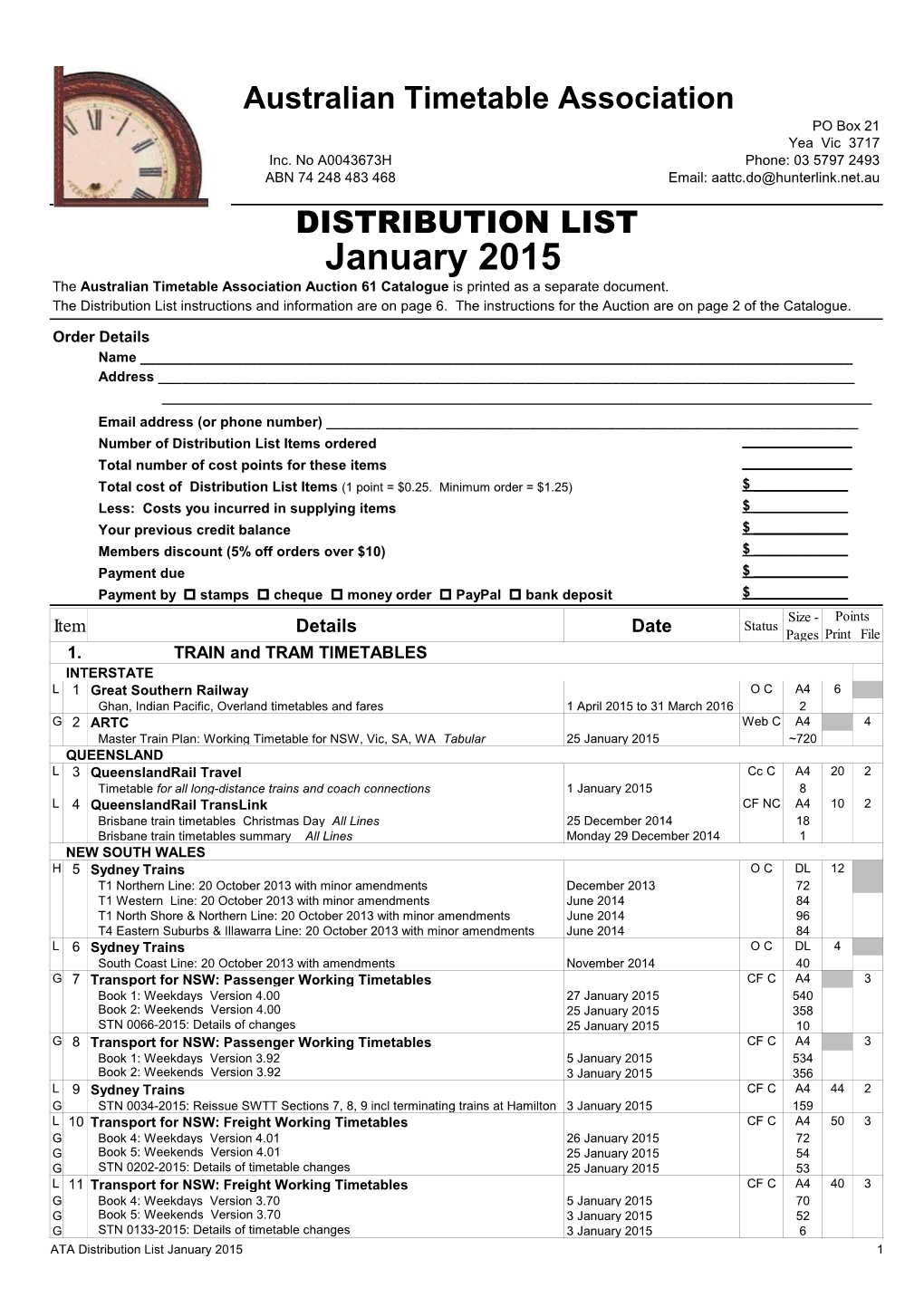 January 2015 the Australian Timetable Association Auction 61 Catalogue Is Printed As a Separate Document