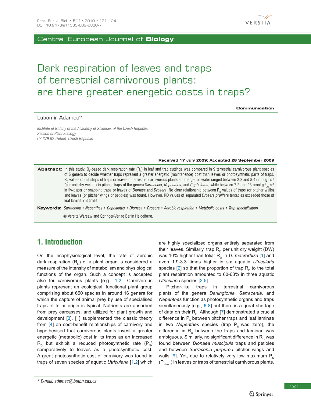 Dark Respiration of Leaves and Traps of Terrestrial Carnivorous Plants: Are There Greater Energetic Costs in Traps?