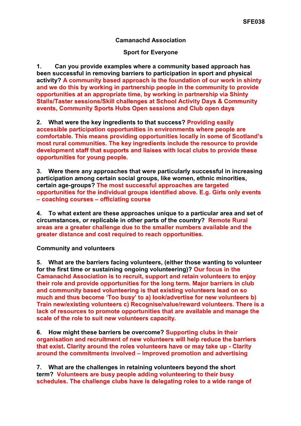 SFE038 Camanachd Association Sport for Everyone 1. Can You Provide Examples Where a Community Based Approach Has Been Successful