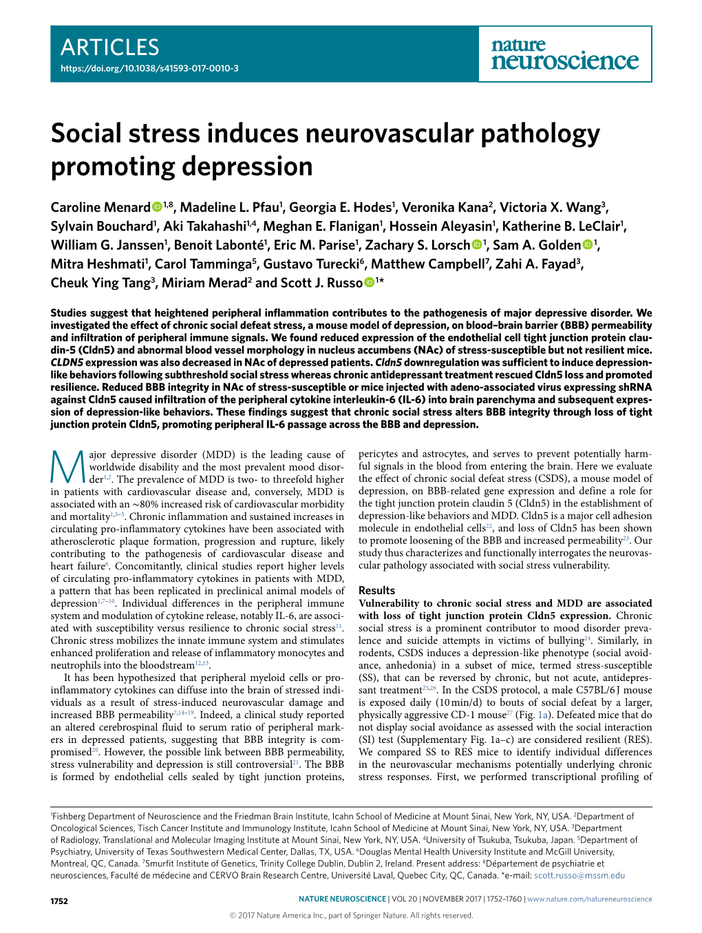 Social Stress Induces Neurovascular Pathology Promoting Depression