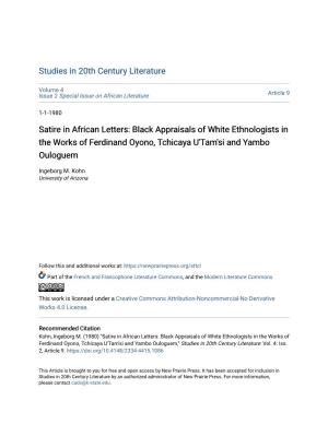 Satire in African Letters: Black Appraisals of White Ethnologists in the Works of Ferdinand Oyono, Tchicaya U'tam'si and Yambo Ouloguem