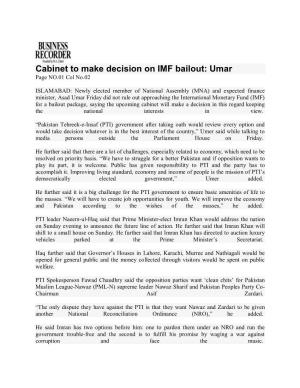Cabinet to Make Decision on IMF Bailout: Umar Page NO.01 Col No.02