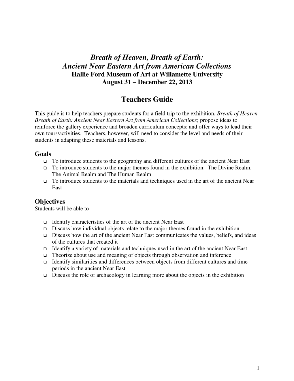 Breath of Heaven, Breath of Earth: Ancient Near Eastern Art from American Collections Teachers Guide