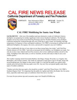 CAL FIRE Mobilizing for Santa Ana Winds