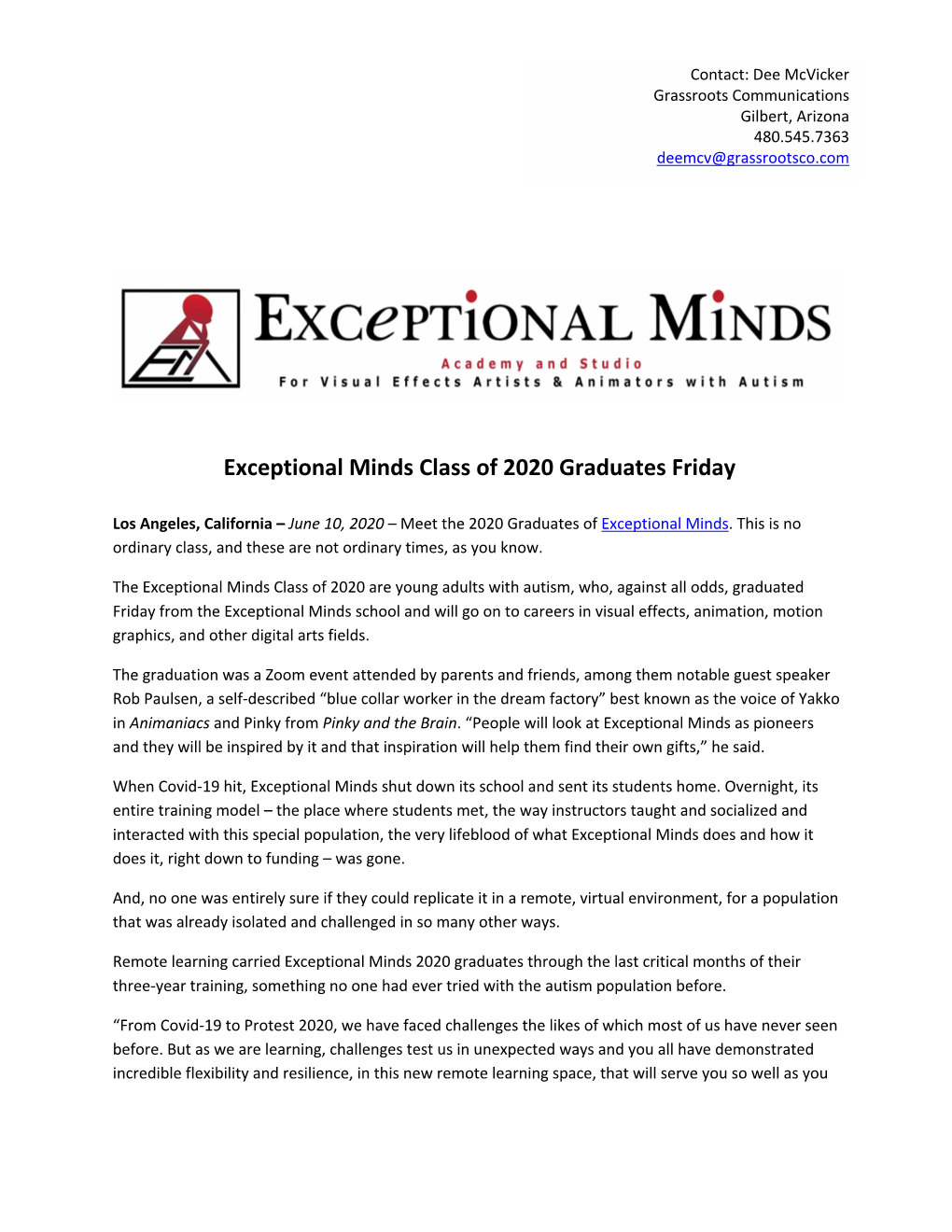 Exceptional Minds Class of 2020 Graduates Friday