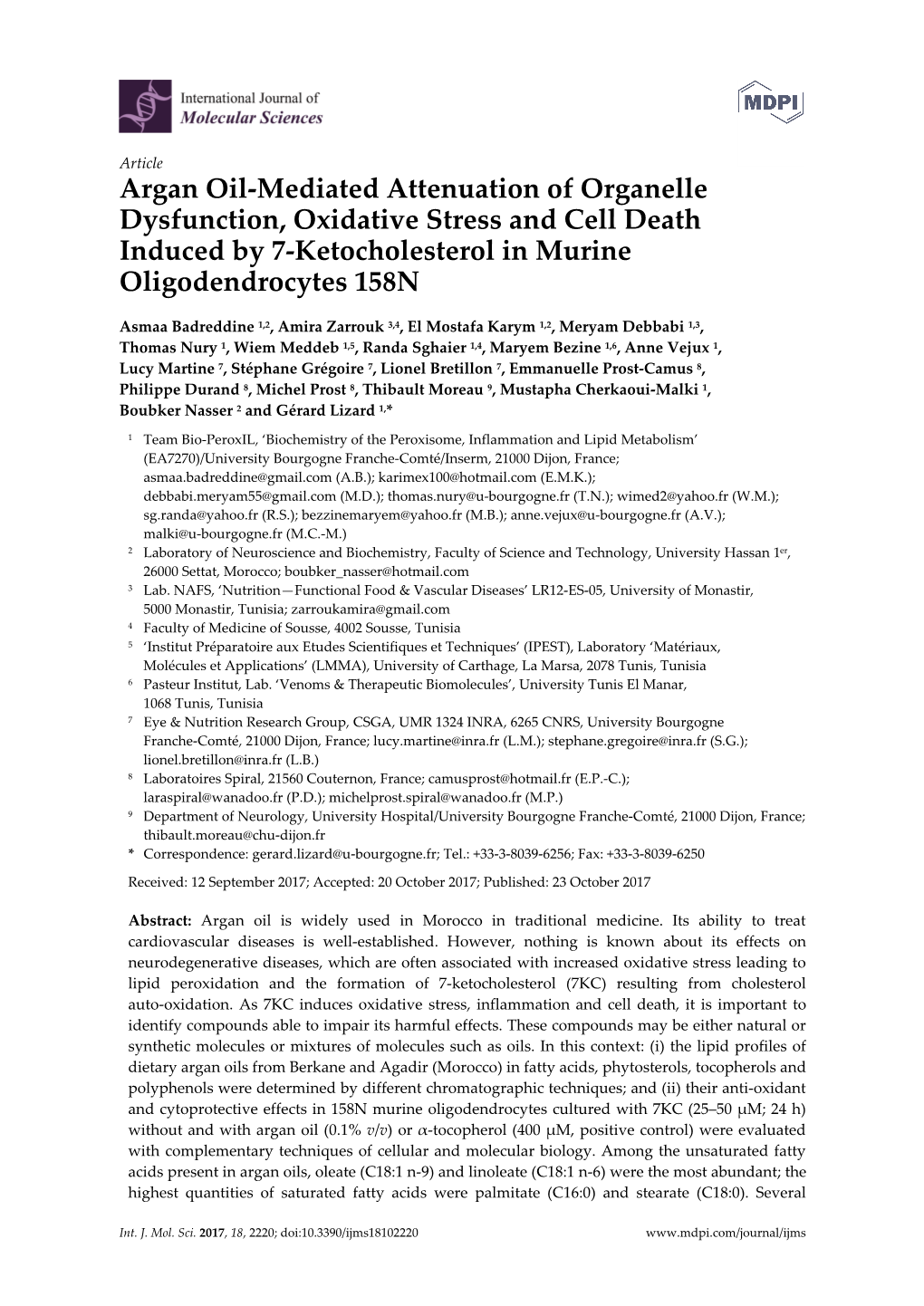 Argan Oil-Mediated Attenuation of Organelle Dysfunction, Oxidative Stress and Cell Death Induced by 7-Ketocholesterol in Murine Oligodendrocytes 158N