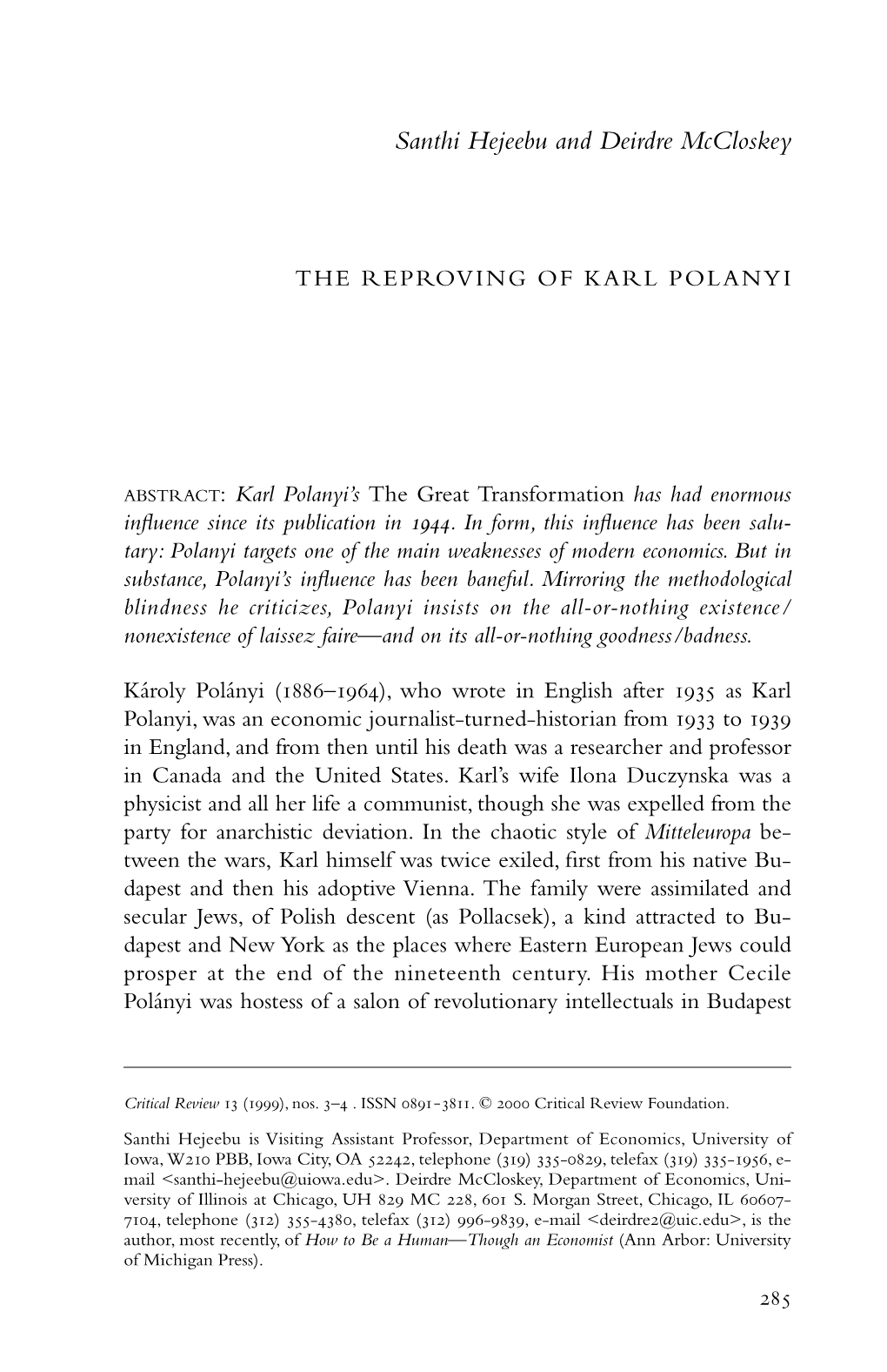 The Reproving of Karl Polanyi