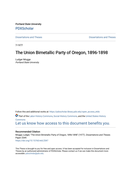 The Union Bimetallic Party of Oregon, 1896-1898