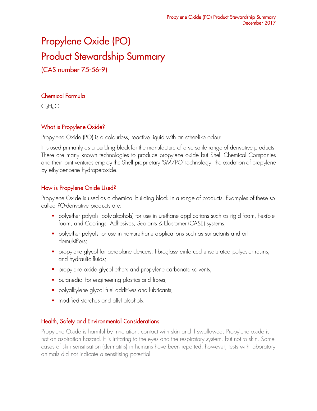 Propylene Oxide (PO) Product Stewardship Summary December 2017