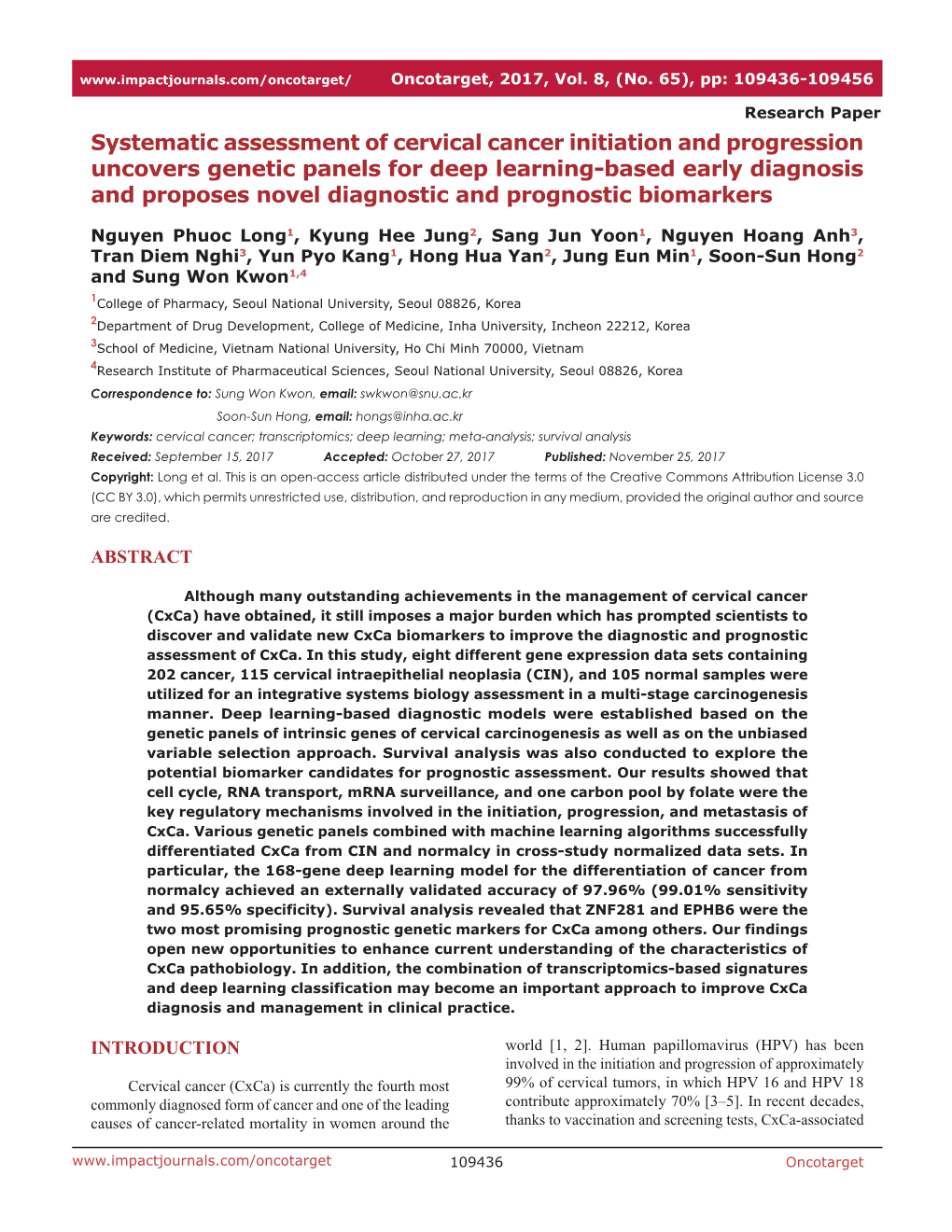 Systematic Assessment of Cervical Cancer Initiation and Progression Uncovers Genetic Panels for Deep Learning-Based Early Diagnosis and Proposes Novel Diagnostic and Prognostic Biomarkers