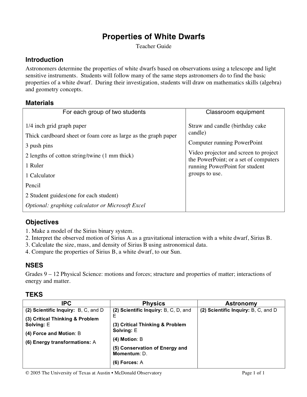 Properties of White Dwarfs Teacher Guide