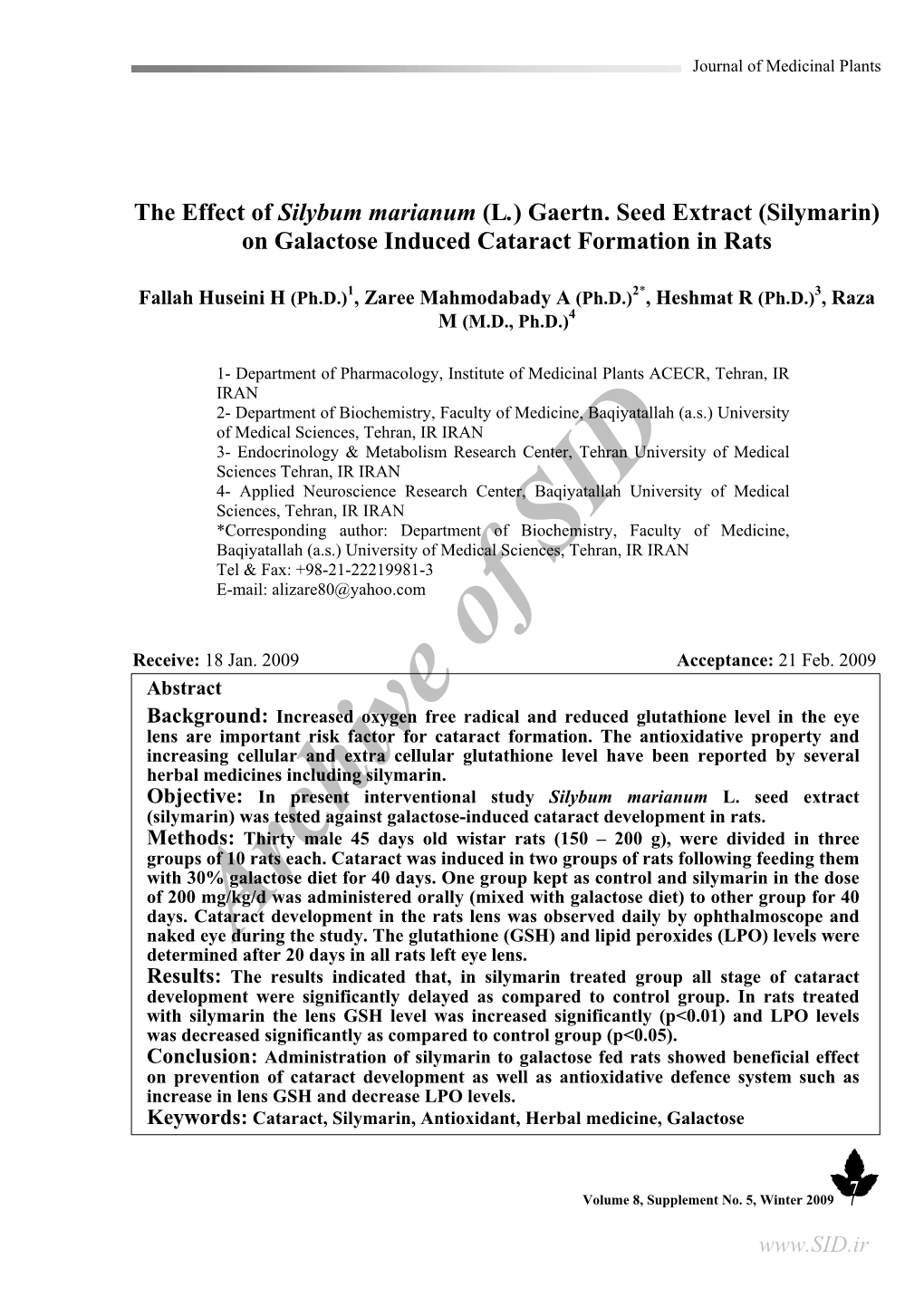 Silymarin) on Galactose Induced Cataract Formation in Rats