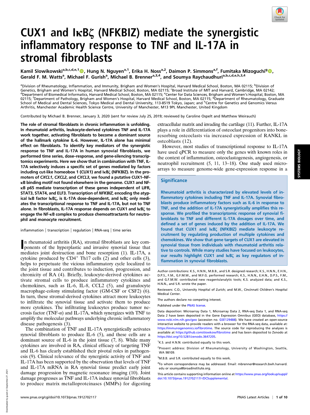 NFKBIZ) Mediate the Synergistic Inflammatory Response to TNF and IL-17A in Stromal Fibroblasts