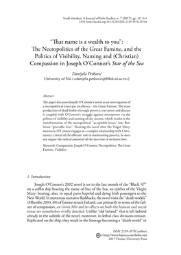 The Necropolitics of the Great Famine, and the Politics of Visibility, Naming and (Christian) Compassion in Joseph O’Connor’S Star of the Sea