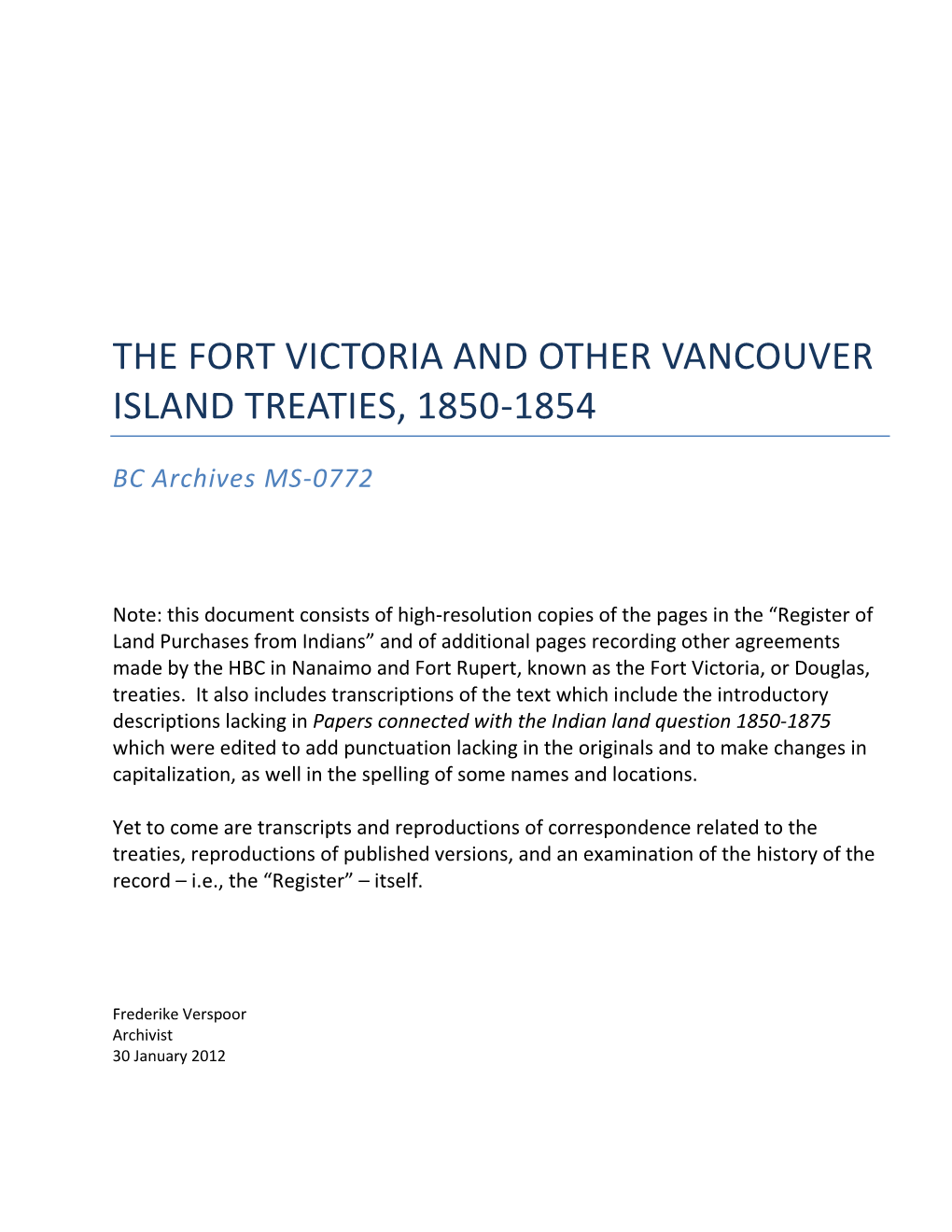 The Fort Victoria and Other Vancouver Island Treaties, 1850-1854