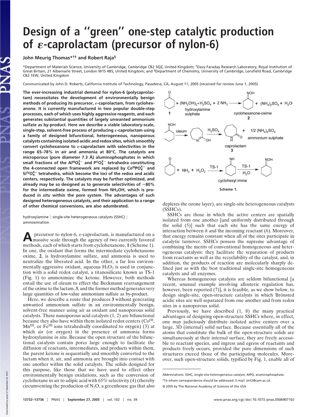 One-Step Catalytic Production of -Caprolactam (Precursor Of