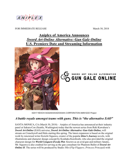 Aniplex of America Announces SAO Alternative Gun Gale Online U.S
