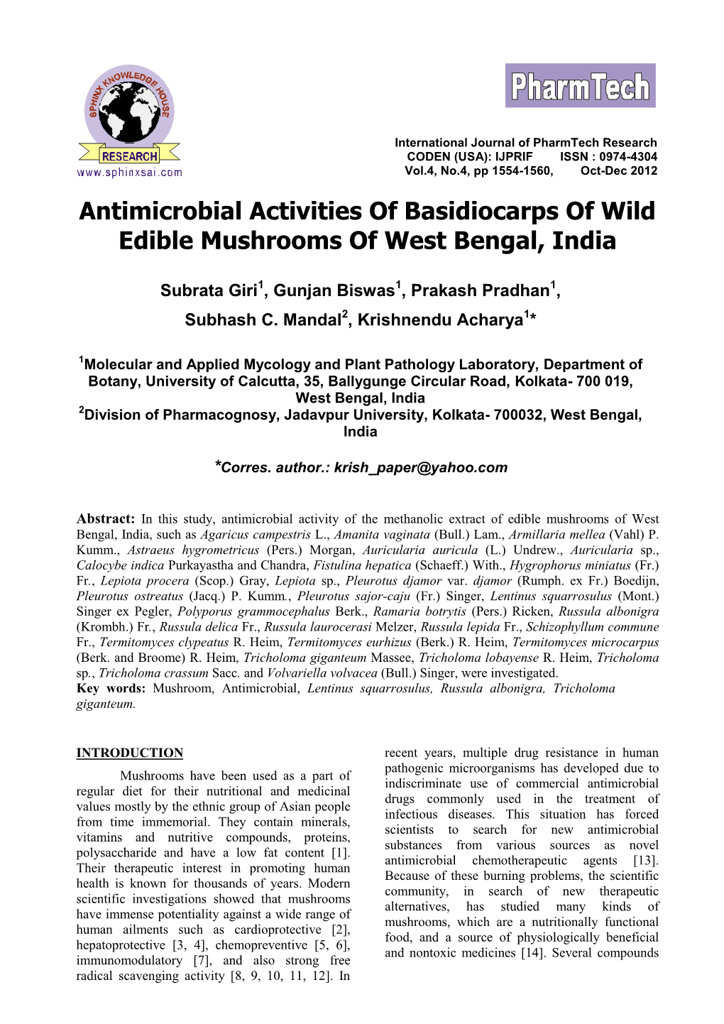 Antimicrobial Activities of Basidiocarps of Wild Edible Mushrooms of West Bengal, India