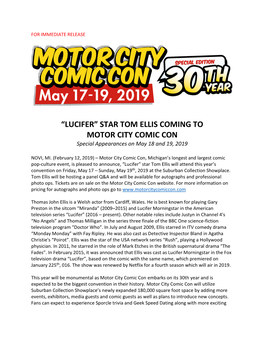“LUCIFER” STAR TOM ELLIS COMING to MOTOR CITY COMIC CON Special Appearances on May 18 and 19, 2019