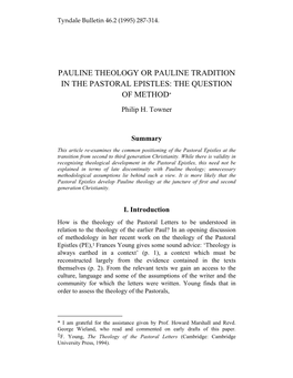 Pauline Theology Or Pauline Tradition in the Pastoral Epistles: the Question of Method*