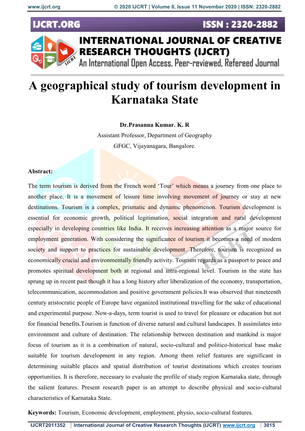 A Geographical Study of Tourism Development in Karnataka State