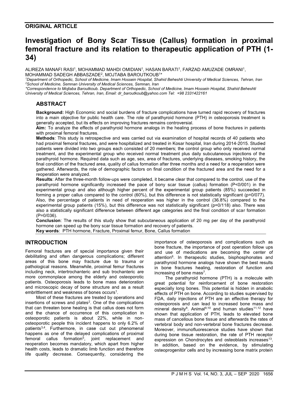 Investigation of Bony Scar Tissue (Callus) Formation in Proximal Femoral Fracture and Its Relation to Therapeutic Application of PTH (1- 34)