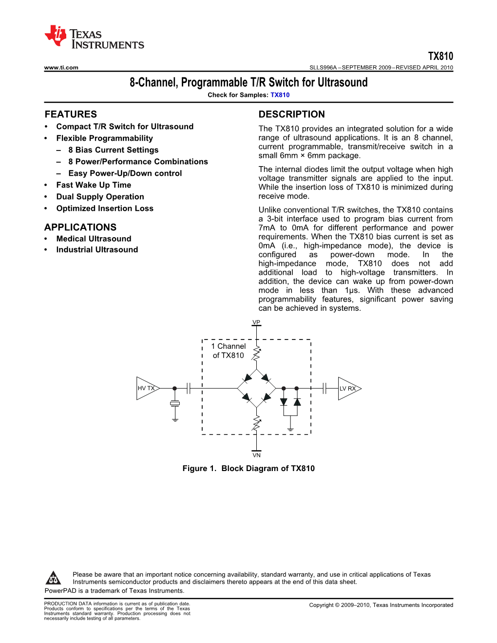 8-Channel, Programmable T/R Switch for Ultrasound Check for Samples: TX810