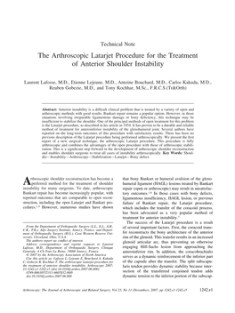 The Arthroscopic Latarjet Procedure for the Treatment of Anterior Shoulder Instability