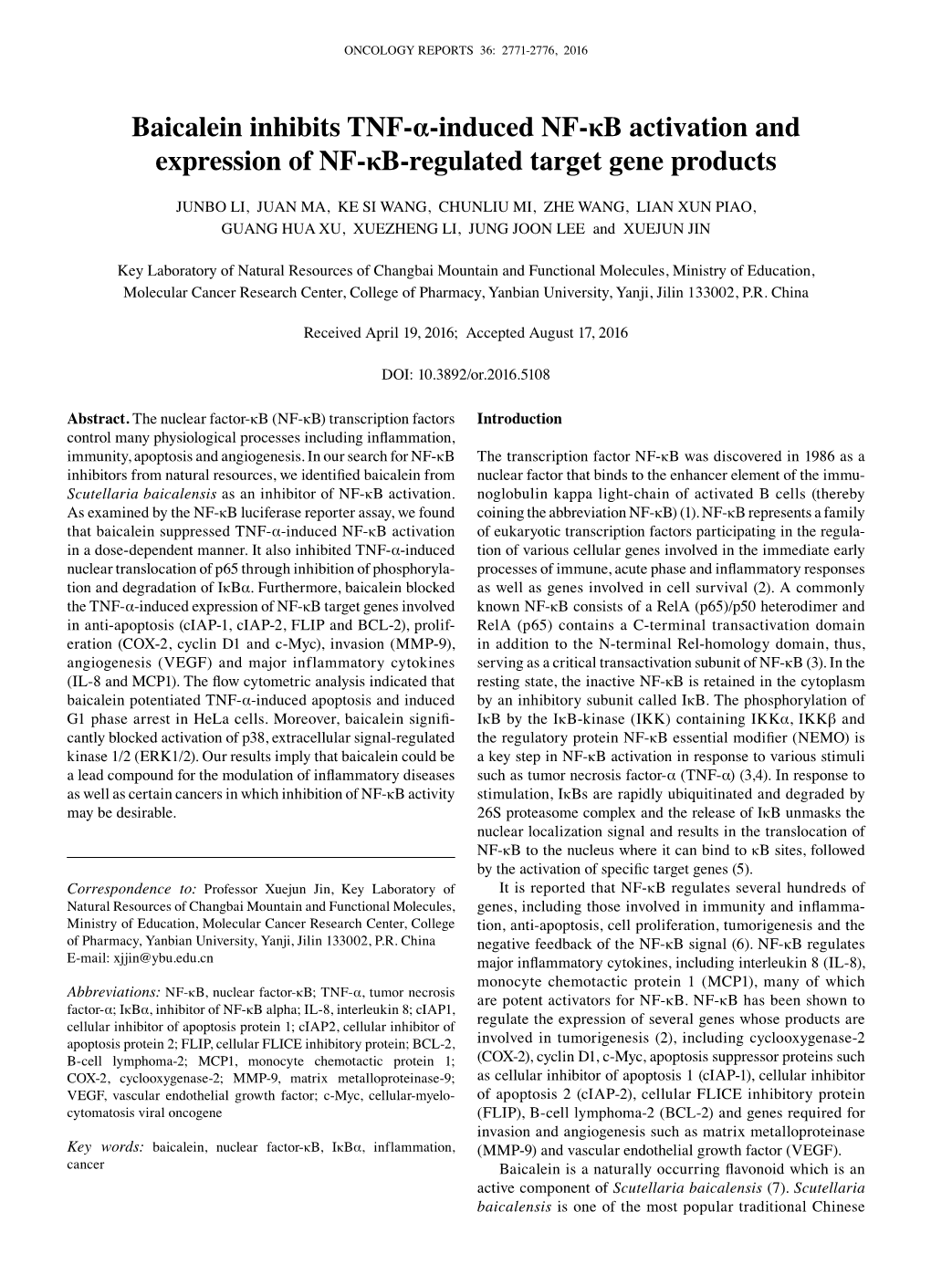 Baicalein Inhibits TNF-Α-Induced NF-Κb Activation and Expression of NF-Κb-Regulated Target Gene Products