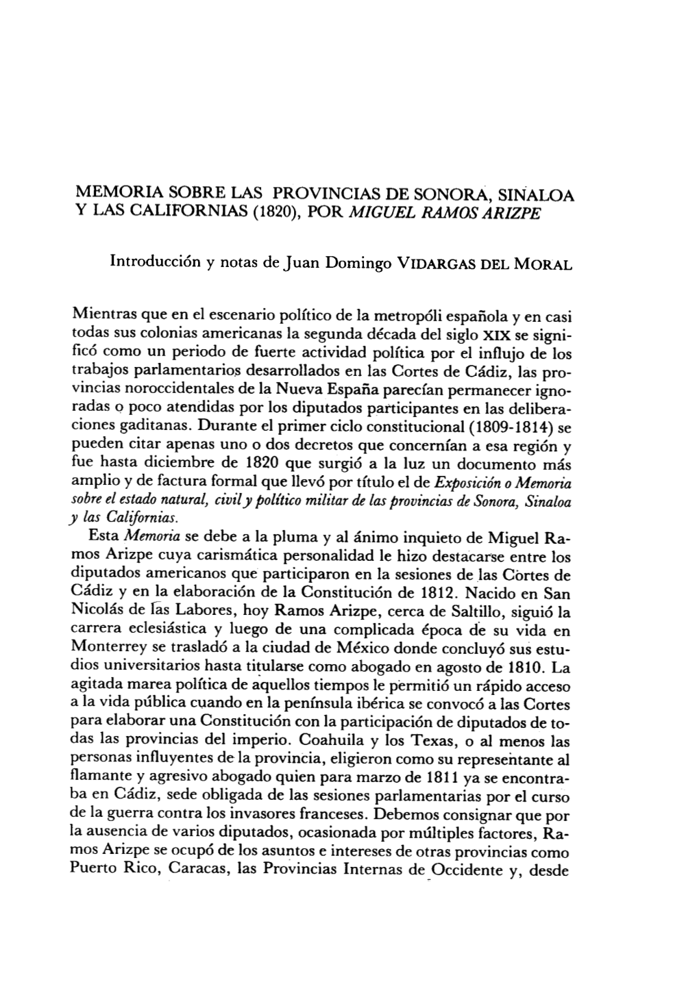 MEMORIA SOBRE LAS PROVINCIAS DE SONORA, SINALOA Y LAS CALIFORNIAS (1820), POR MIGUEL RAMOSARIZPE