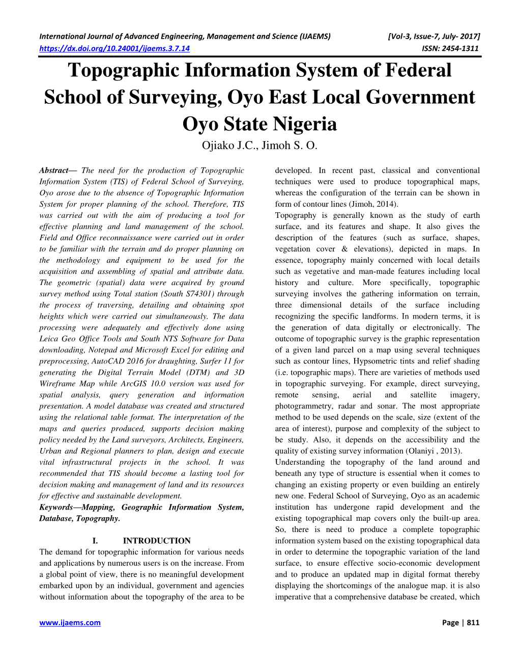 Topographic Information System of Federal School of Surveying, Oyo East Local Government Oyo State Nigeria Ojiako J.C., Jimoh S