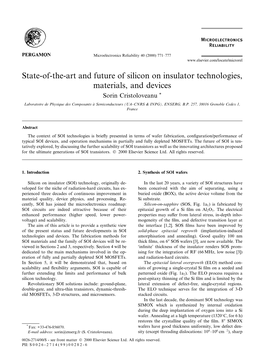 State-Of-The-Art and Future of Silicon on Insulator Technologies, Materials, and Devices Sorin Cristoloveanu *