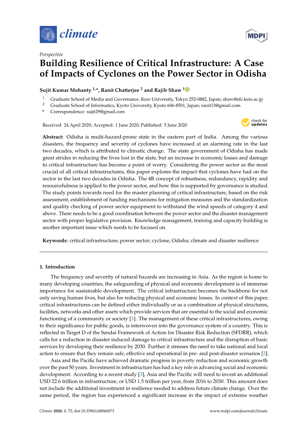 Building Resilience of Critical Infrastructure: a Case of Impacts of Cyclones on the Power Sector in Odisha