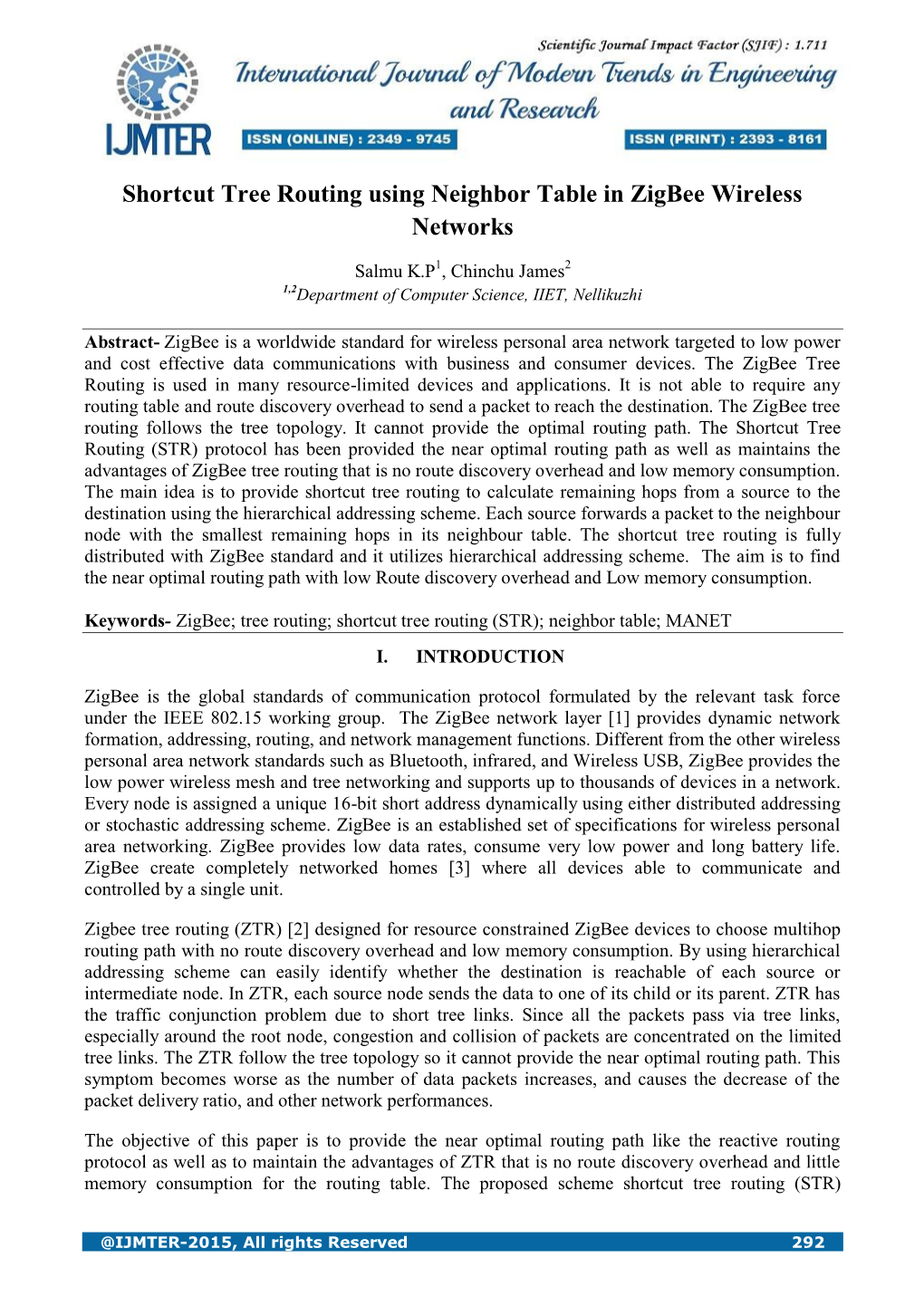 Shortcut Tree Routing Using Neighbor Table in Zigbee Wireless Networks