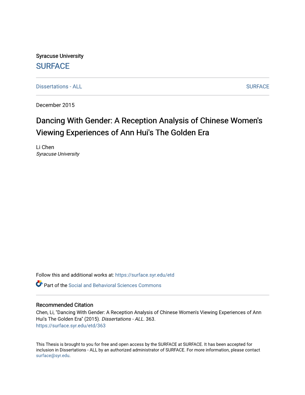 A Reception Analysis of Chinese Women's Viewing Experiences of Ann Hui's the Golden Era