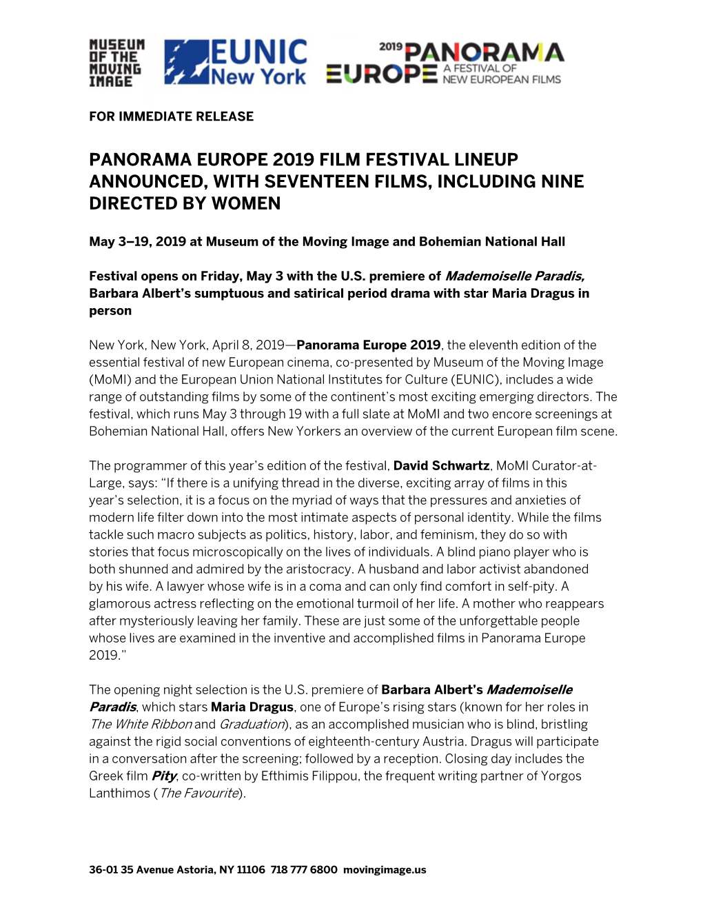 Panorama Europe 2019 Film Festival Lineup Announced, with Seventeen Films, Including Nine Directed by Women