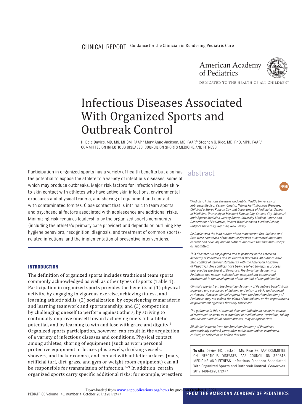 Infectious Diseases Associated with Organized Sports and Outbreak Control
