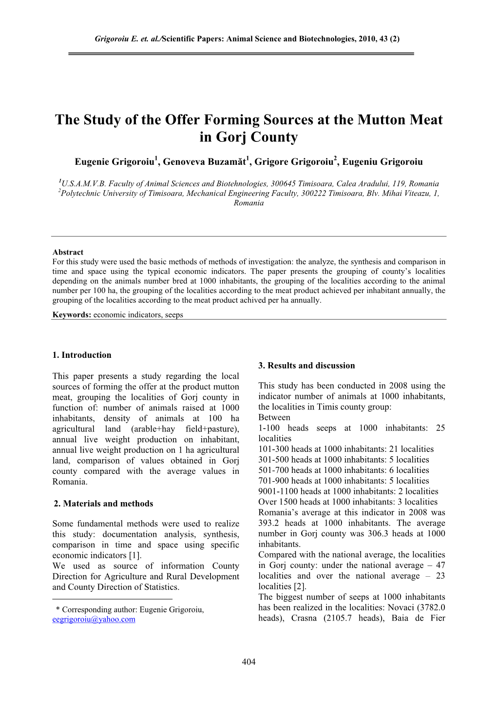 The Study of the Offer Forming Sources at the Mutton Meat in Gorj County