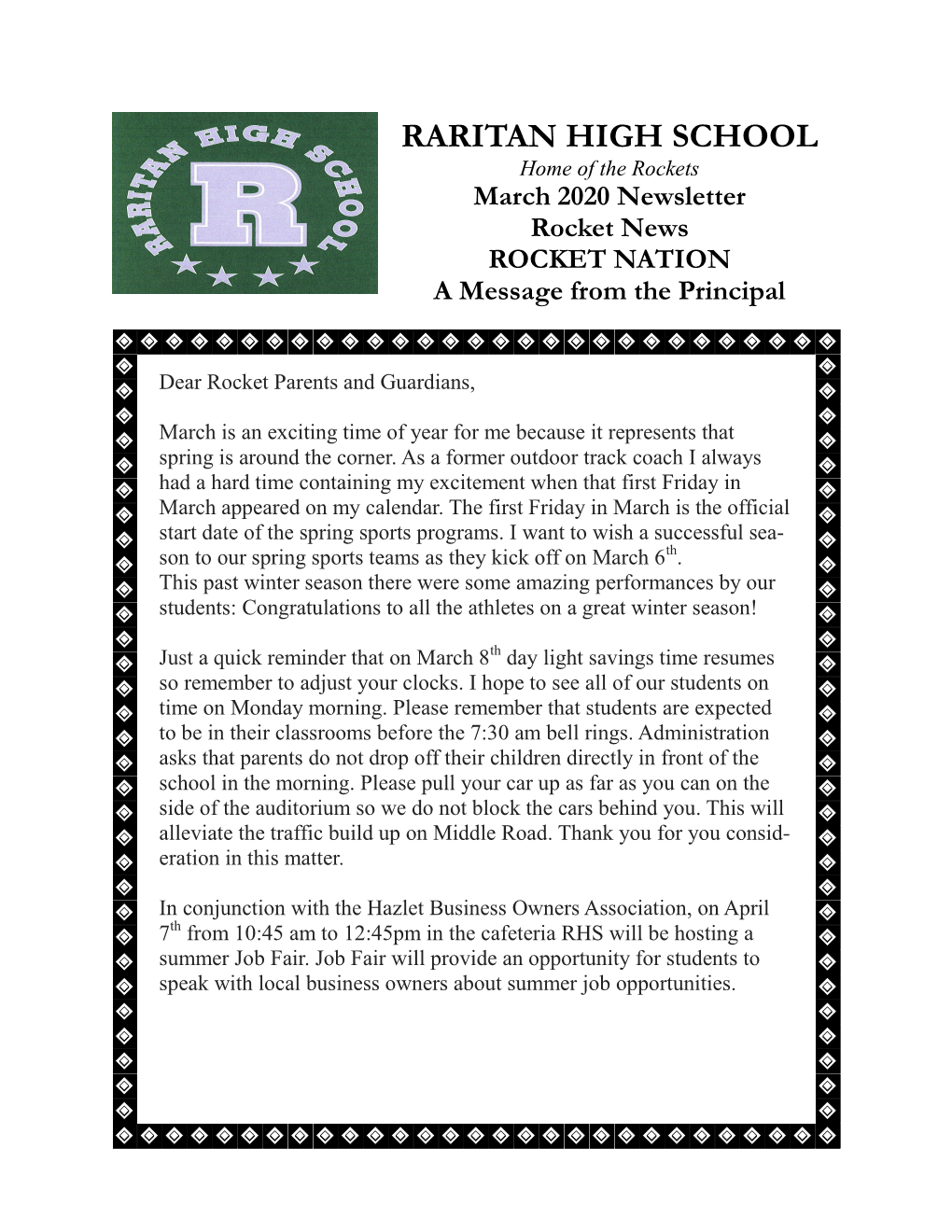 RARITAN HIGH SCHOOL Home of the Rockets March 2020 Newsletter Rocket News ROCKET NATION a Message from the Principal