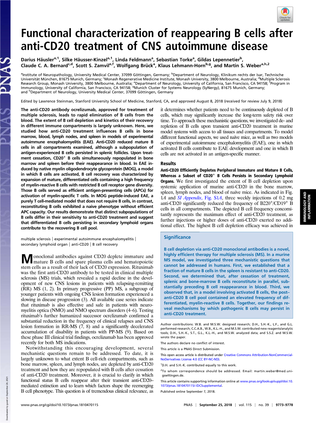 Functional Characterization of Reappearing B Cells After Anti-CD20 Treatment of CNS Autoimmune Disease